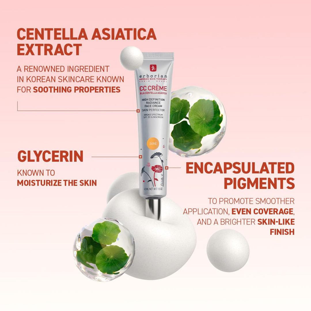 Erborian Color Correcting CC Cream with Centella Asiatica, Tan (Dore) - Light Multi-Purpose Facial Concealer with Illuminating Finish Soothes & Hydrates - SPF Korean Skincare Skin Perfector - 0.5 Oz