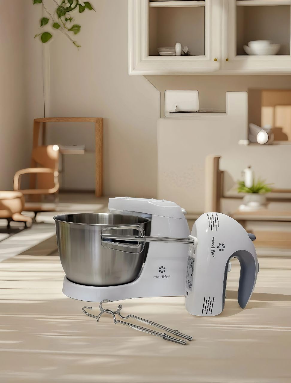 Max Life 3.2 Quarts Stand Mixer - 5-Speed Electric Powerful Stand Mixer, White, with Stainless Steel Bowl, Dough Hooks, Beaters,
