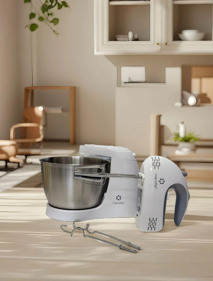 Max Life 3.2 Quarts Stand Mixer - 5-Speed Electric Powerful Stand Mixer, White, with Stainless Steel Bowl, Dough Hooks, Beaters,