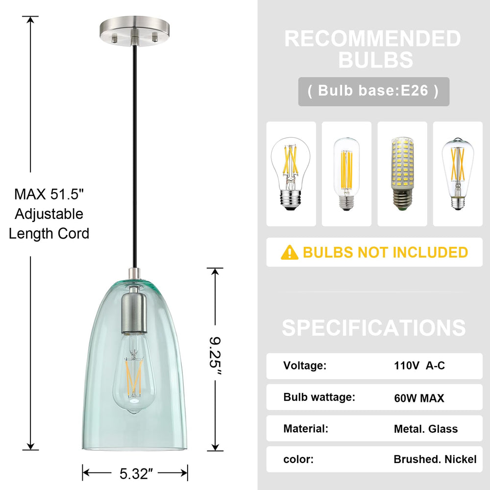 2 Pack 1 Light Indoor Hanging Kitchen Island Pendant Lights 5.3" Clear Green Glass Pendant Light Fixture,Brushed Nickel Finish Modern Farmhouse Dinning Over Sink Retail $96.99