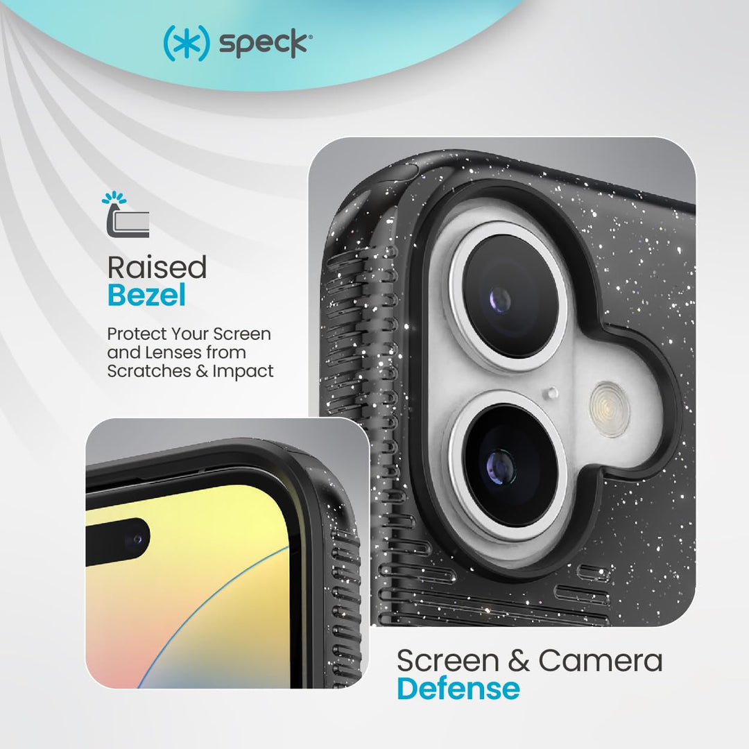 Speck CandyShell Grip iPhone 16 Case - Slim MagSafe - Black Glitter/Steel Black Retail $39.95