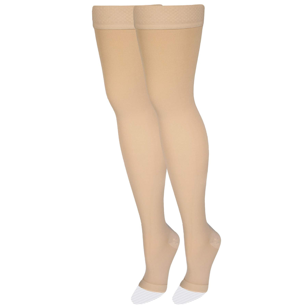 Amazon Basic Care Medical Compression Stockings, 20-30 mmHg Support, Women & Men Thigh Length Hose, Open Toe, Beige, Large (Previously NuVein)