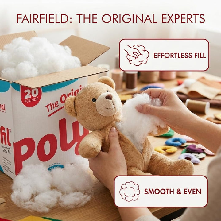 Fairfield The Original Poly-Fil, Premium Polyester Fiber Fill, Soft Pillow Stuffing, Stuffing for Stuffed Animals, Toys, Cloud Decorations, and More, Machine-Washable Poly-Fil Fiber Fill, 20 lbs. Box Retail $61.44
