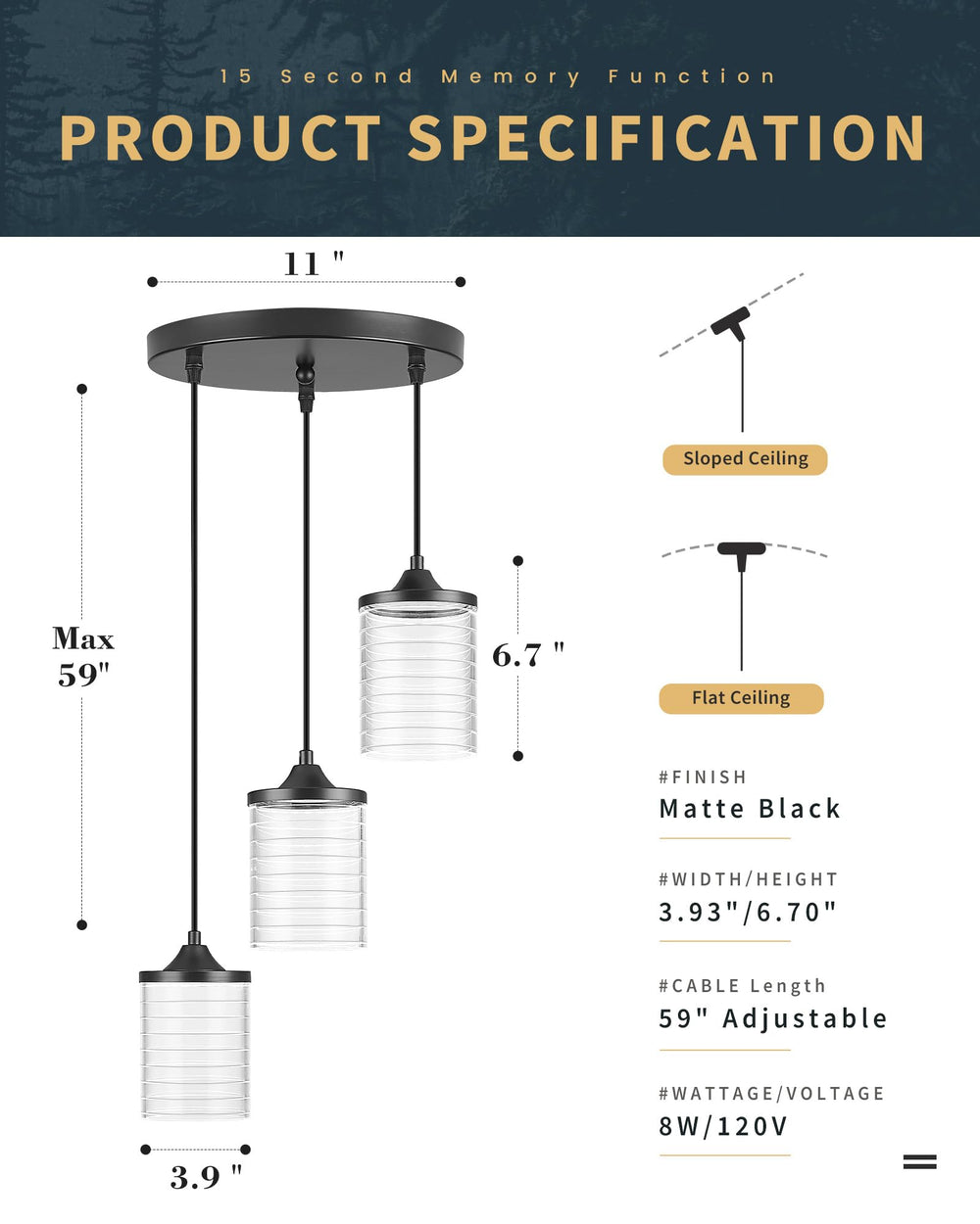 JAZAVA 3-Light Black Pendant Light Fixtures, Modern LED Hanging Light, 24W 3000/4500/6000K Kitchen Island Light for Dining Room Bedroom Hallway Entrance, PL106BK Retail $99.00