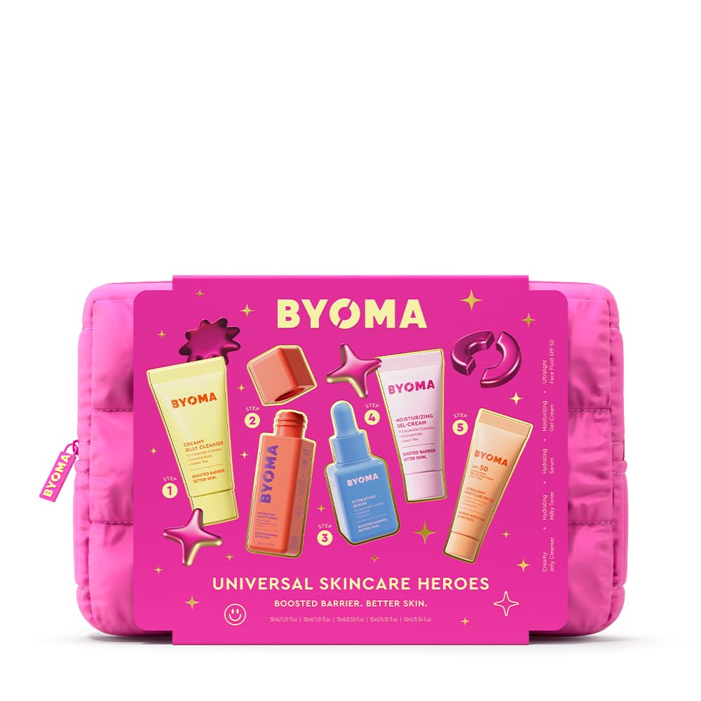BYOMA Universal Skincare Heroes (5-Piece Kit) - Skincare Gift Set with Jelly Cleanser, Milky Toner, Hydrating Serum, Gel Cream & SPF 50 - Skin Barrier Repair Gift Set with Makeup Bag Retail $25.00