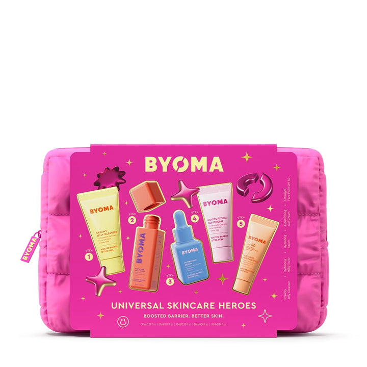 BYOMA Universal Skincare Heroes (5-Piece Kit) - Skincare Gift Set with Jelly Cleanser, Milky Toner, Hydrating Serum, Gel Cream & SPF 50 - Skin Barrier Repair Gift Set with Makeup Bag Retail $25.00
