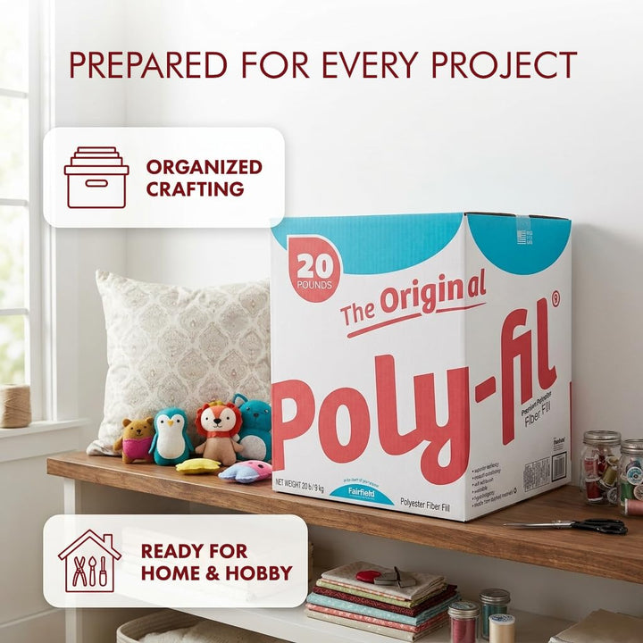 Fairfield The Original Poly-Fil, Premium Polyester Fiber Fill, Soft Pillow Stuffing, Stuffing for Stuffed Animals, Toys, Cloud Decorations, and More, Machine-Washable Poly-Fil Fiber Fill, 20 lbs. Box Retail $61.44