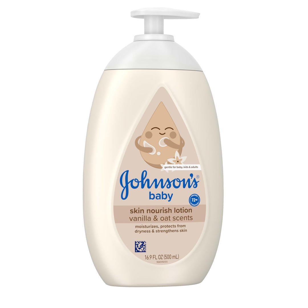 Johnson's Skin Nourishing Baby Lotion, Vanilla & Oat Scents, Hypoallergenic Baby Body Lotion for 72 Hour Hydration Until Baby's Next Bath Moisturizes & Protects from Dryness, 16.9 fl. oz