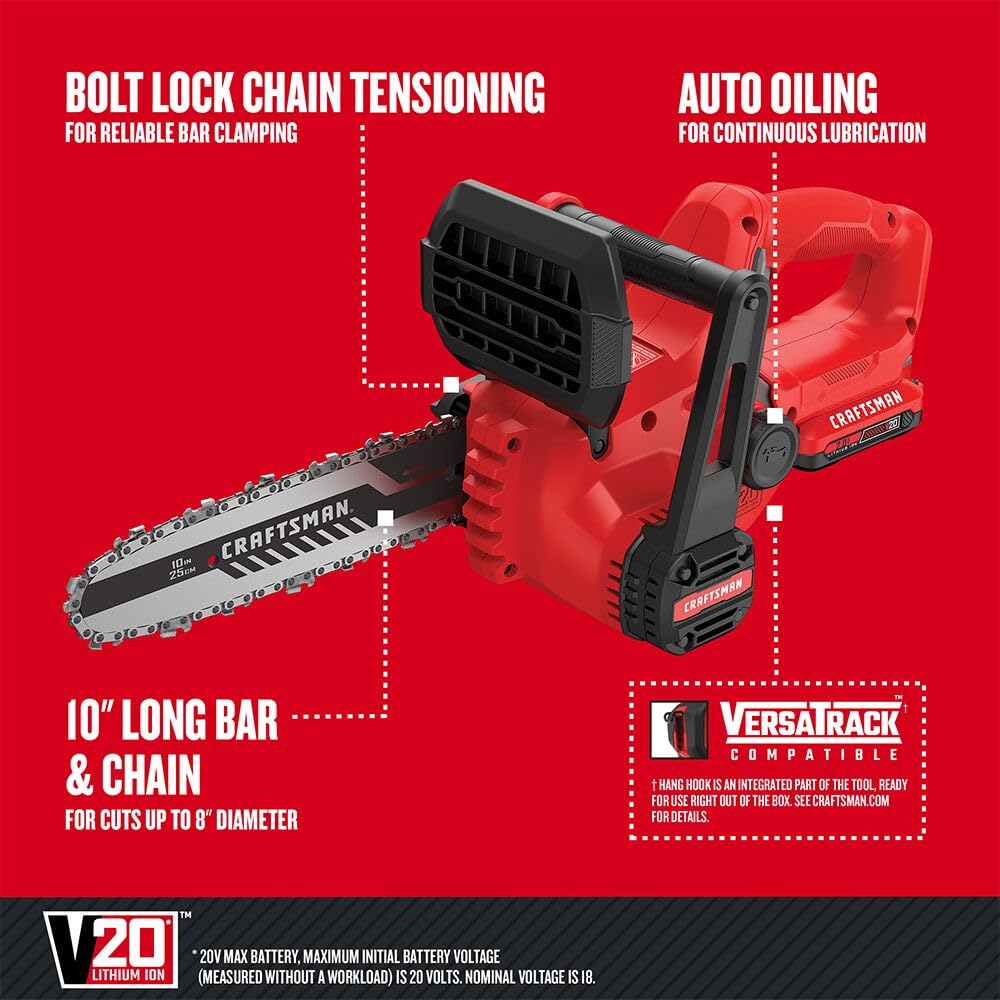 CRAFTSMAN Mini Chainsaw, 10 inch Mini Chainsaw Cordless, Electric Chain Saw, V20 Battery and Charger Included, Handheld Tree Trimmer Wood Cutter (CMCCS610D1) Retail $179.00