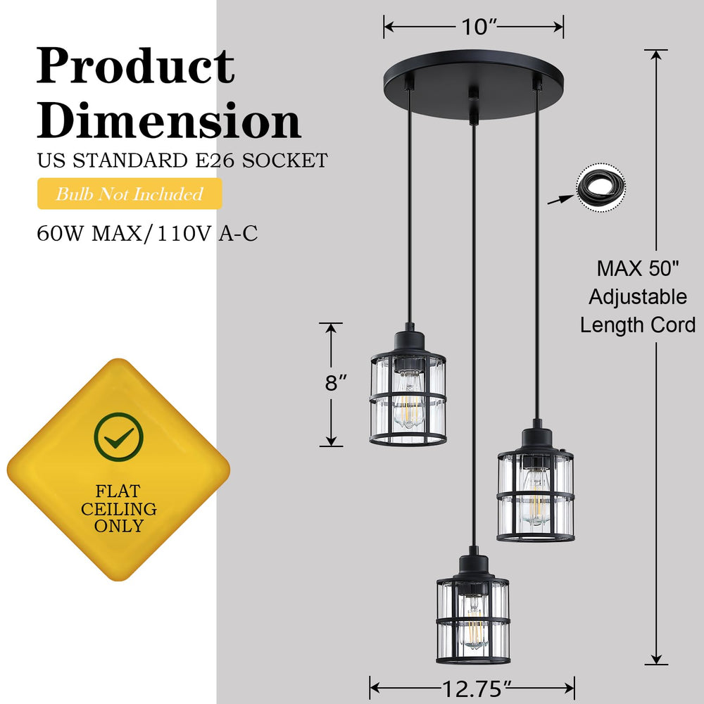 3 Light Metal Cage Clear Glass Ceiling Light Black Finish,Modern Flush Mount Ceiling Lighting Fixture for Dining Room Bar Café Kitchen Island Retail $79.99