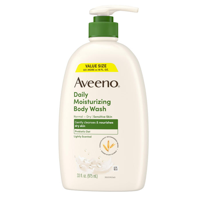 Aveeno Daily Moisturizing Body Wash for Women and Men for Dry & Sensitive Skin, Paraben, Soap & Dye-Free, Gentle Shower Cleanser, Dermatologist Recommended Brand, Lightly Scented, 33 Fl Oz