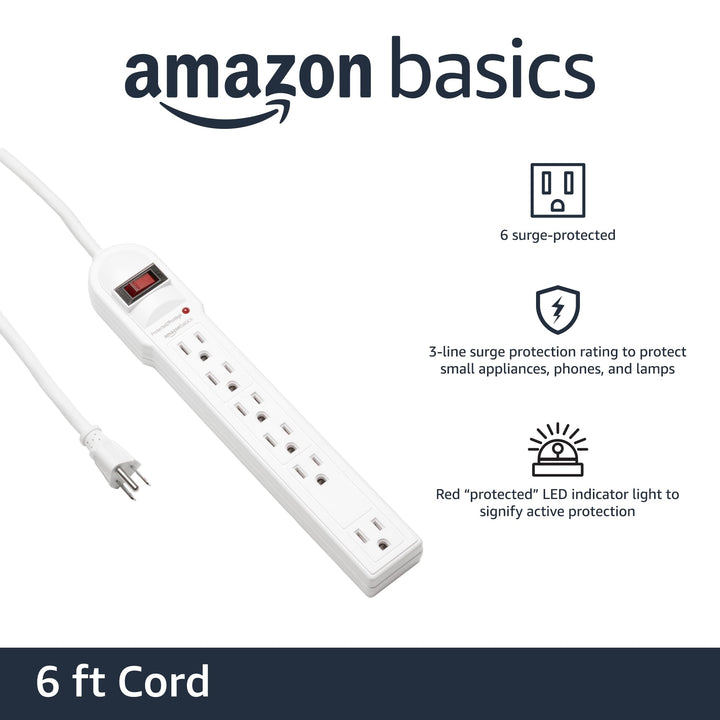 Amazon Basics Surge Protector Power Strip, 6-Outlet, 790 Joules, LED Indicator, 6ft Extension Cord, White