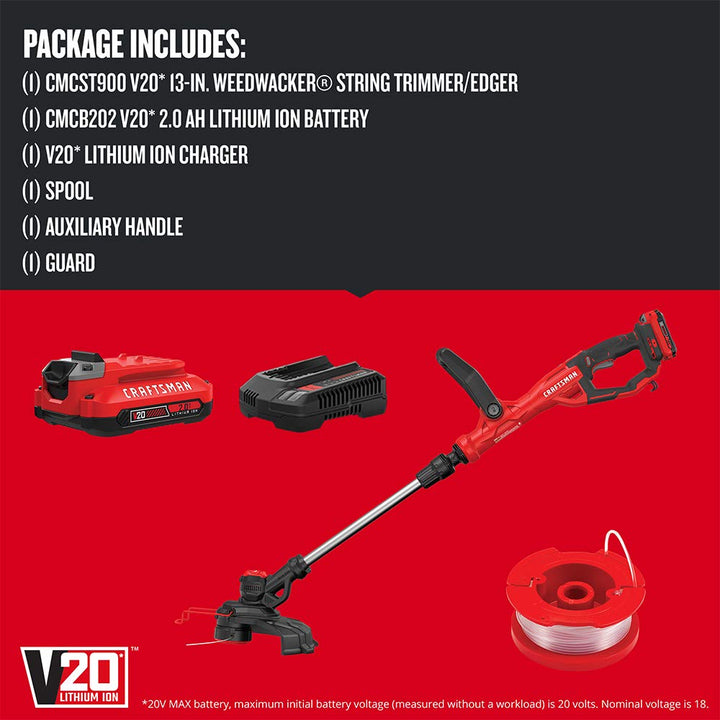 CRAFTSMAN V20 Weed Wacker Cordless String Trimmer and Edger, Weed Eater Includes 2.0 Ah Battery and Charger, Lightweight, Extended Runtime, 2 Speed (CMCST900D1) Retail $119.00
