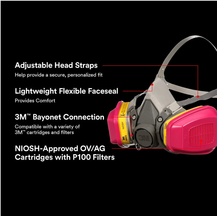 3M P100 / OV / AG Multi-Purpose Reusable Respirator 62023 Medium Size NIOSH-APPROVED P100 / Organic Vapor / Acid Gas Rated Filters Adjustable Head Straps Comfortable & Lightweight (62023H1-DC)