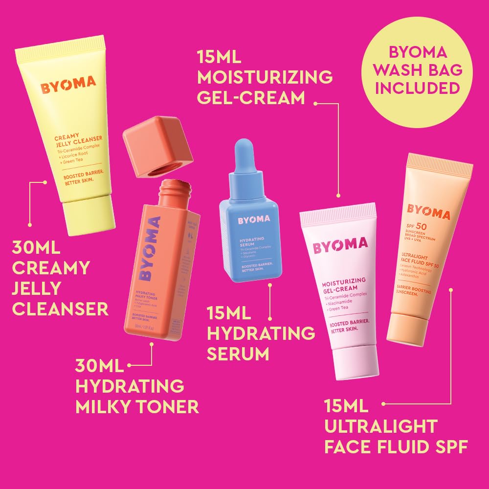 BYOMA Universal Skincare Heroes (5-Piece Kit) - Skincare Gift Set with Jelly Cleanser, Milky Toner, Hydrating Serum, Gel Cream & SPF 50 - Skin Barrier Repair Gift Set with Makeup Bag Retail $25.00
