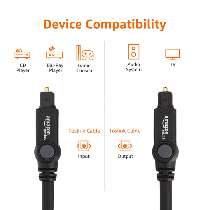 Amazon Basics Toslink Digital Optical Audio Cable, Multi-Channel, for Audio System, Sound Bar, Home Theatre, Gold-Plated Connectors, 3.3 Feet, Black