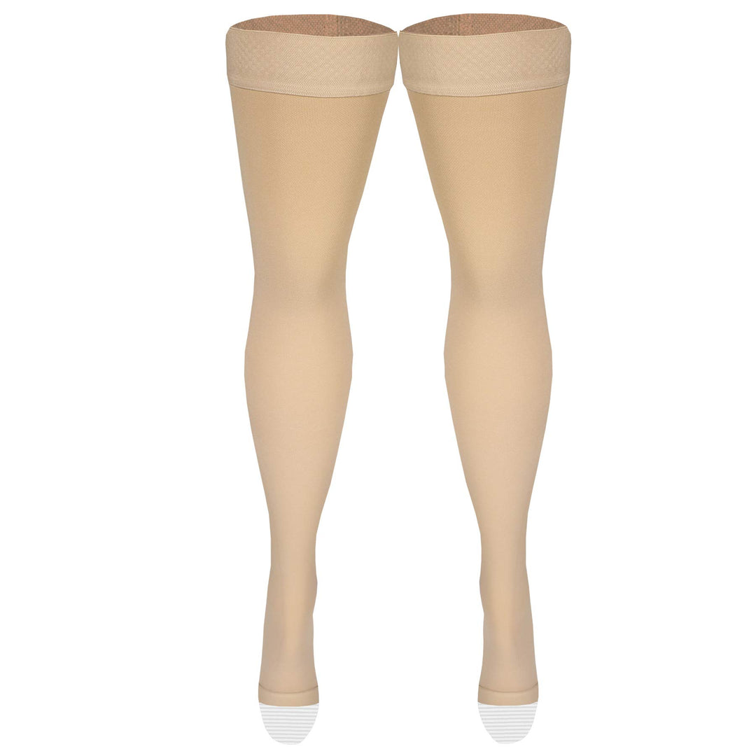Amazon Basic Care Medical Compression Stockings, 20-30 mmHg Support, Women & Men Thigh Length Hose, Open Toe, Beige, Large (Previously NuVein)