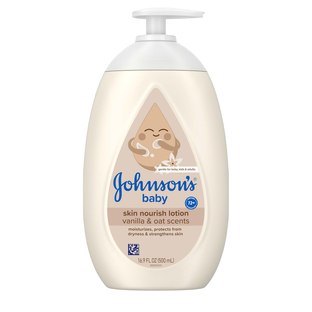 Johnson's Skin Nourishing Baby Lotion, Vanilla & Oat Scents, Hypoallergenic Baby Body Lotion for 72 Hour Hydration Until Baby's Next Bath Moisturizes & Protects from Dryness, 16.9 fl. oz