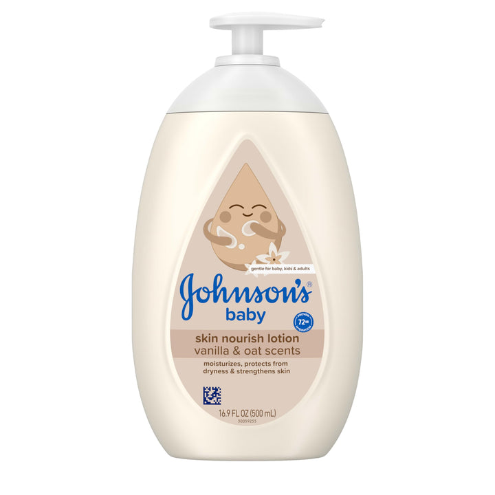 Johnson's Skin Nourishing Baby Lotion, Vanilla & Oat Scents, Hypoallergenic Baby Body Lotion for 72 Hour Hydration Until Baby's Next Bath Moisturizes & Protects from Dryness, 16.9 fl. oz