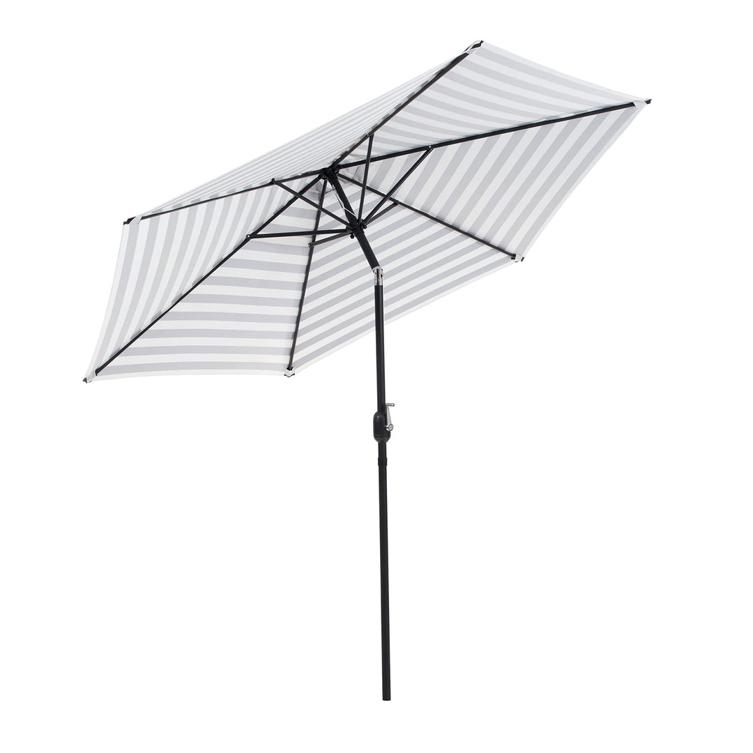 Greemotion Halo 9Ft Adjustable Articulated Tilting Fabric Patio Umbrella Table Market Shade with Push Button Tilt and Crank (Strips/B&W) Retail $93.00
