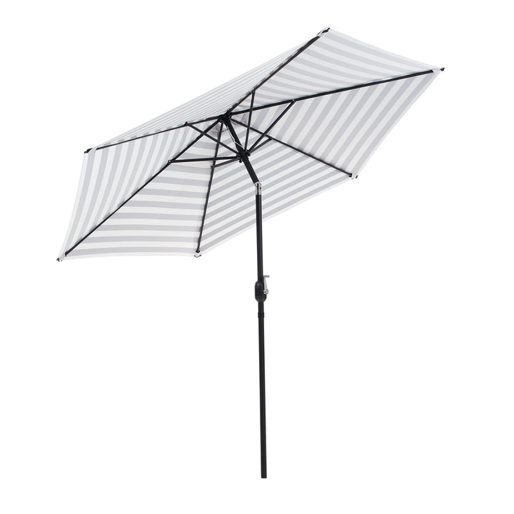 Greemotion Halo 9Ft Adjustable Articulated Tilting Fabric Patio Umbrella Table Market Shade with Push Button Tilt and Crank (Strips/B&W) Retail $93.00