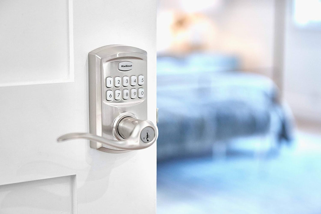 Kwikset SmartCode 917 Keypad Keyless Entry Traditional Residential Electronic Lever Deadbolt Alternative with Tustin Door Handle and SmartKey Security, Satin Nickel Retail $129.00