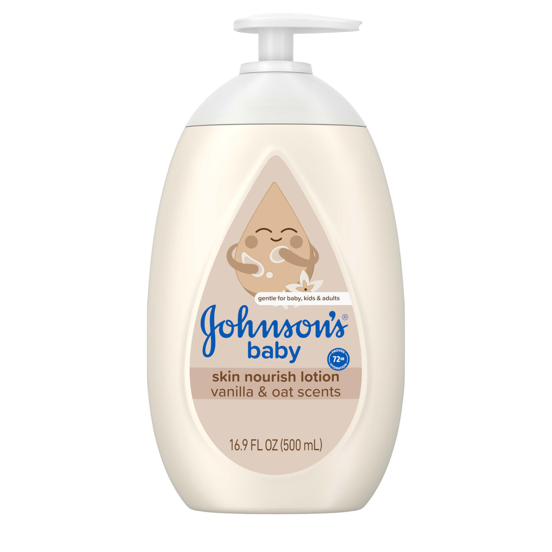 Johnson's Skin Nourishing Baby Lotion, Vanilla & Oat Scents, Hypoallergenic Baby Body Lotion for 72 Hour Hydration Until Baby's Next Bath Moisturizes & Protects from Dryness, 16.9 fl. oz