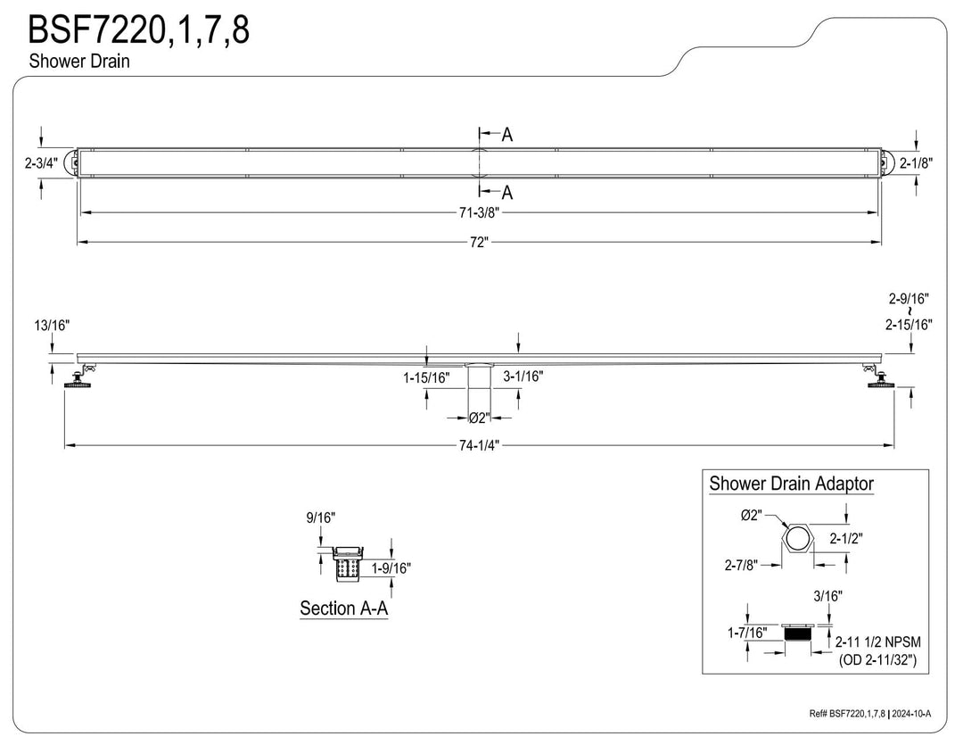 Kingston Brass BSF7227 Watercourse 72" Stainless Steel Linear Shower Drain with Reversible Tile Insert and Flat Grate, Brushed Brass Retail $322.57