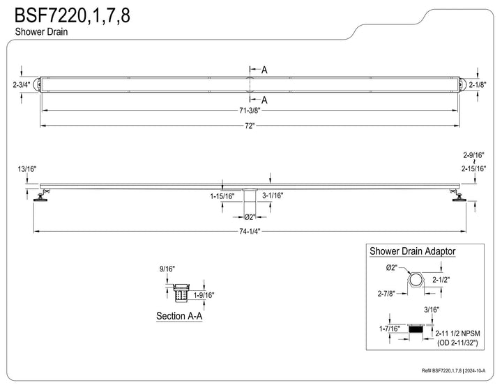 Kingston Brass BSF7227 Watercourse 72" Stainless Steel Linear Shower Drain with Reversible Tile Insert and Flat Grate, Brushed Brass Retail $322.57