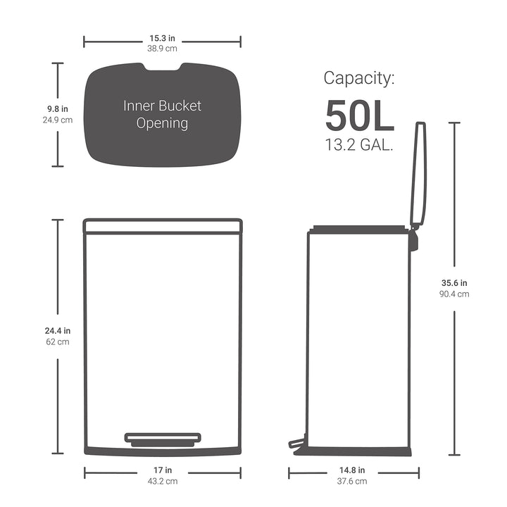QUALIAZERO 50L/13Gal Heavy Duty Hands-Free Black Stainless Steel Commercial/Kitchen Step Trash Can, Fingerprint-Resistant Soft Close Lid Trashcan, Rectangle Shape (50L Rectangle BSS) Retail $69.98
