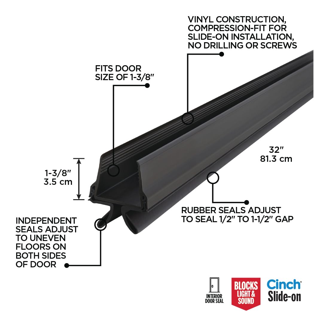 M-D Building Products Vinyl CinchÃ‚Â® U-Shape Door Bottom Seal, Slide-On Weatherstripping Draft Stopper, Easy to Install, Fits 36Ã¢â‚¬Â x 1-3/4Ã¢â‚¬Â Doors, Fills 3/8Ã¢â‚¬Â- 3/4Ã¢â‚¬Â Gap (Brown, 32 Inch)