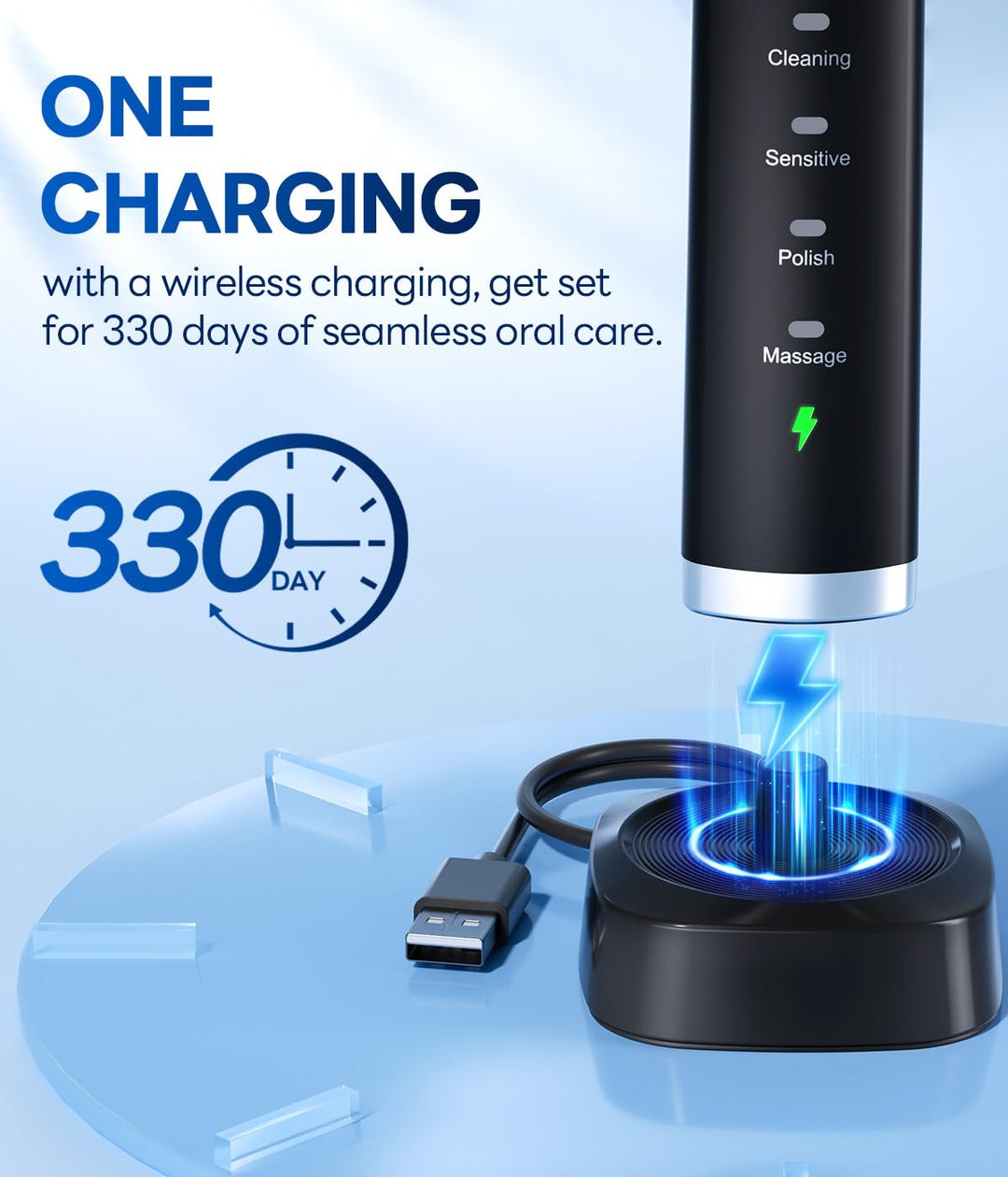 Bymore Electric Toothbrush for Adults, Sonic Rechargeable Toothbrush with 8 Brush Heads, 330-Day Battery, 5 Cleaning Modes & 2-Min Timer, Travel-Friendly Ultra Clean Design Ã¢â‚¬â€œ Black