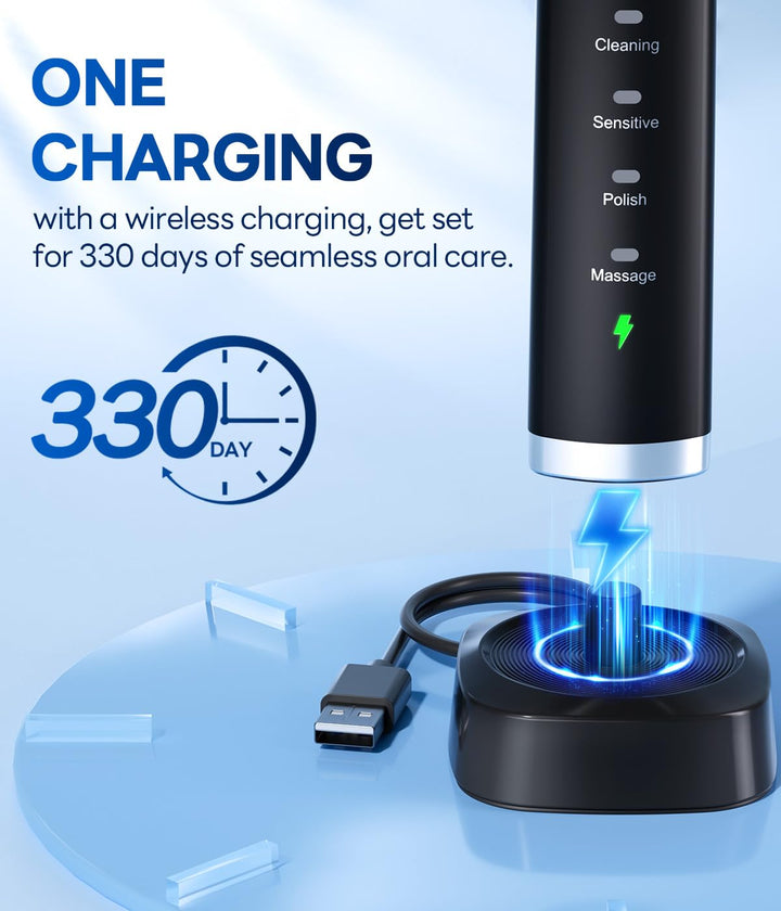 Bymore Electric Toothbrush for Adults, Sonic Rechargeable Toothbrush with 8 Brush Heads, 330-Day Battery, 5 Cleaning Modes & 2-Min Timer, Travel-Friendly Ultra Clean Design Ã¢â‚¬â€œ Black