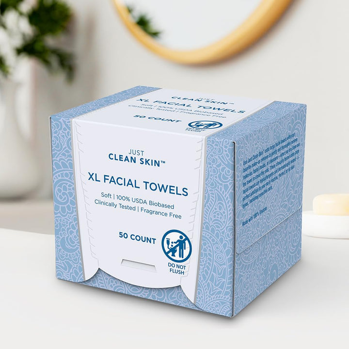Just Clean Skin Dry Face Towels 50 Count | 10" x 11.5" Extra Large Disposable Dry Wipes | Plant-Based Viscose, 100% USDA Biobased | Makeup Remover Face Wipes | Ultra Soft Towelettes for Sensitive Skin