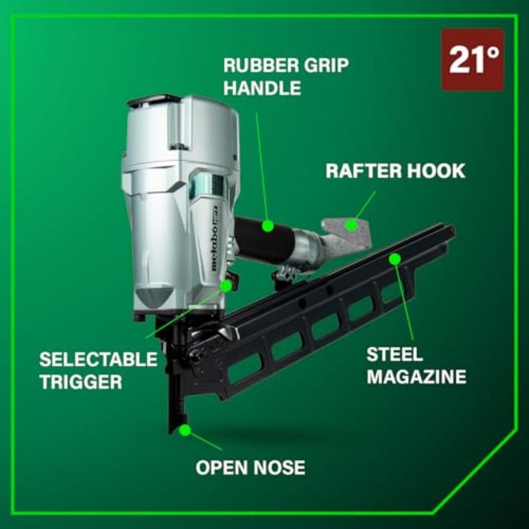 Metabo HPT Framing Nailer, Pro-Preferred Pneumatic Power Nailer & Framing Tool For Flooring, Roof Decking & More, Rapid Response Cylinder Valve, 21Ã‚Â° 2" to 3-1/4" Plastic Collated Nails, NR83A5(S)