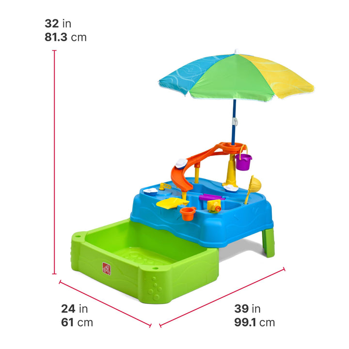 Step2 Waterpark Wonders Two Tier Water Table, Kids Water Activity Sensory Playset with Umbrella, Garden Hose Sprinkler Attachment, 11 Piece Accessories, Outdoor Summer Toy, Ages 18 Months+, Blue Retail $124.99