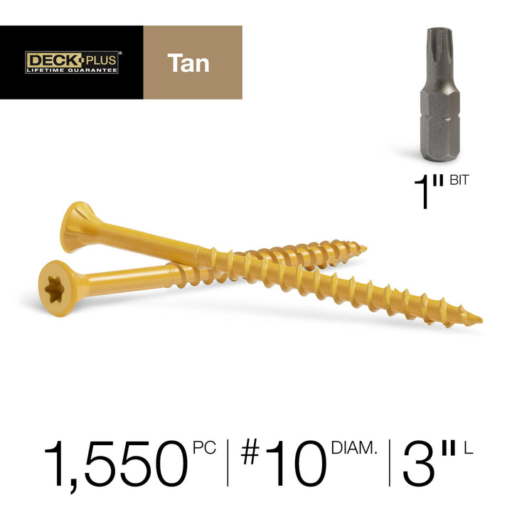 Deck Plus 3 Inch Epoxy Coated Exterior Wood and Fence Screws #10 x 3 Torx/Star Drive Included Coarse Thread, Outdoor Rust Resistant Decking Screw, Tan, 25lb Box, 1550 Pieces | 48420