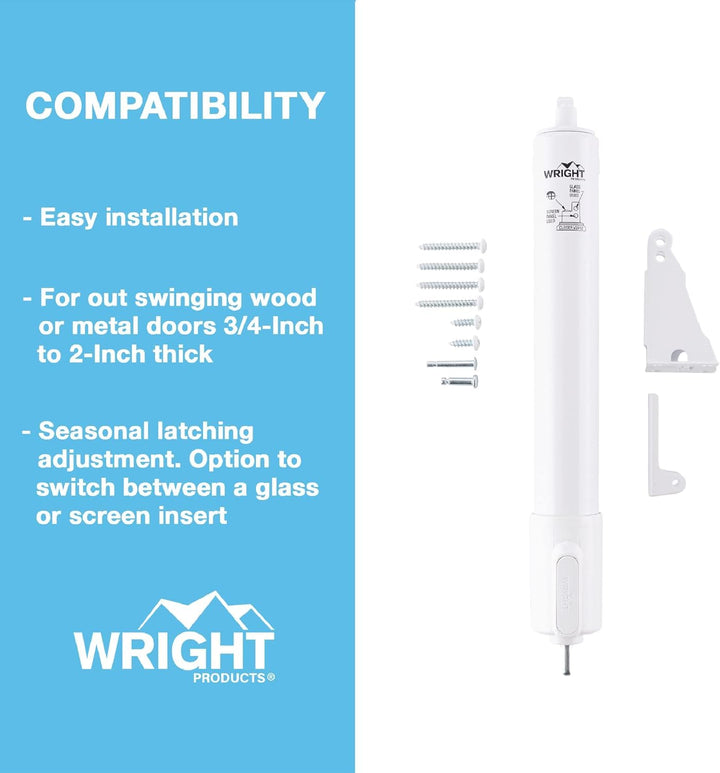 Wright Products Heavy Duty Pneumatic Screen & Storm Door Closer with EZ-Hold – Adjustable Speed, Durable & Easy Install, for Out-Swinging Doors (Tranistional, White) Retail $31.98