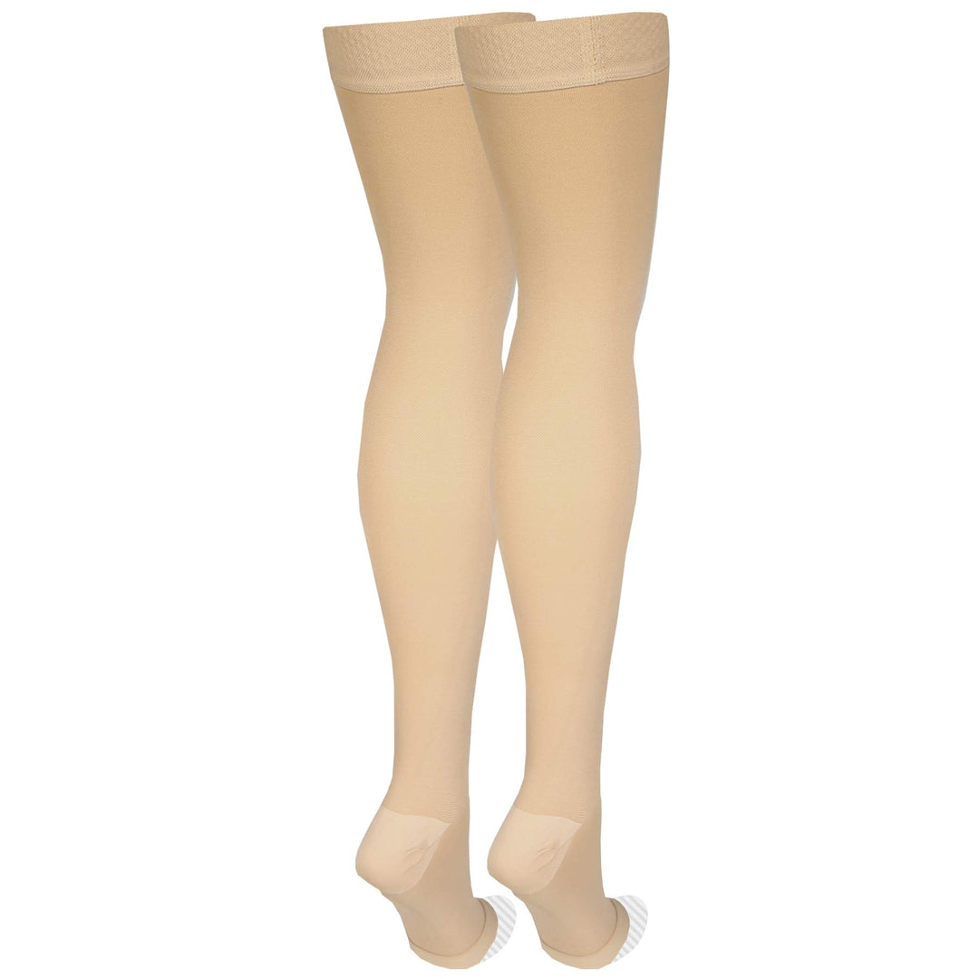 Amazon Basic Care Medical Compression Stockings, 20-30 mmHg Support, Women & Men Thigh Length Hose, Open Toe, Beige, Large (Previously NuVein)