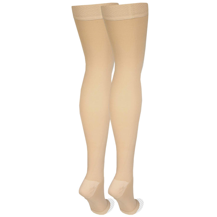 Amazon Basic Care Medical Compression Stockings, 20-30 mmHg Support, Women & Men Thigh Length Hose, Open Toe, Beige, Large (Previously NuVein)
