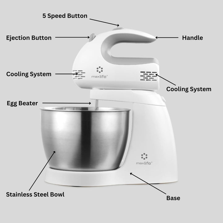 Max Life 3.2 Quarts Stand Mixer - 5-Speed Electric Powerful Stand Mixer, White, with Stainless Steel Bowl, Dough Hooks, Beaters,