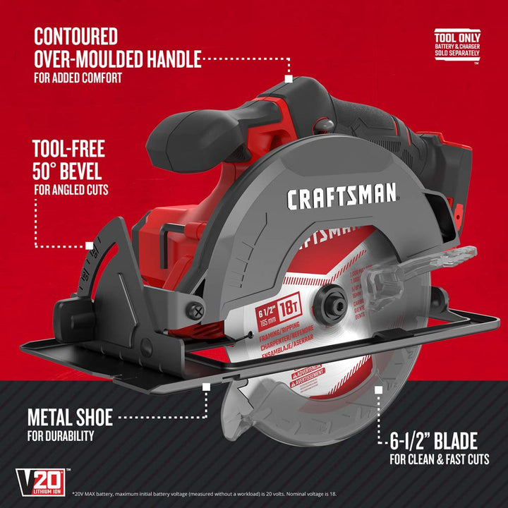 CRAFTSMAN V20 Cordless Circular Saw, 6-1/2 inch, Bare Tool Only (CMCS500B) Retail $109.00