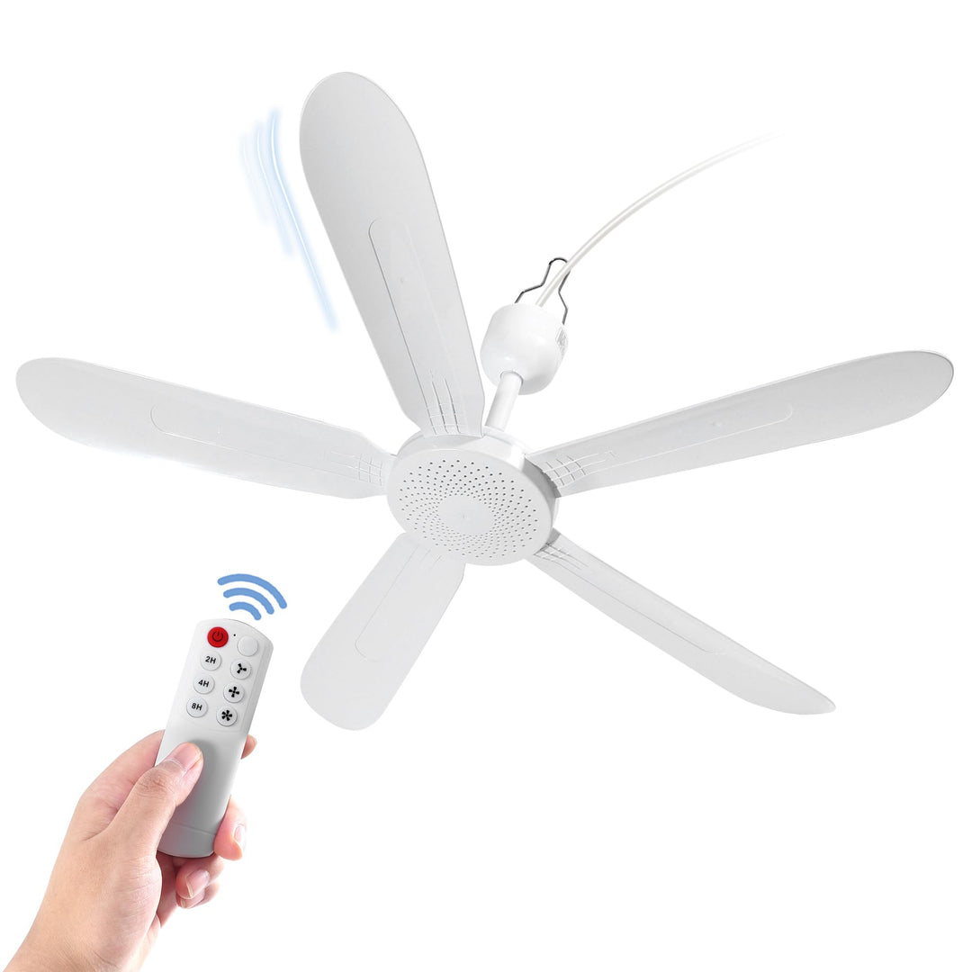 Mengnessly 28" Inch Ceiling Fan AC 110V/DC 12V Indoor Outdoor Gazebo Electric Fans for Tent with Remote Control Portable Hanging Plug in No Light White Bedroom Porch Quiet Small Room RV Garage Dorm Retail $49.80