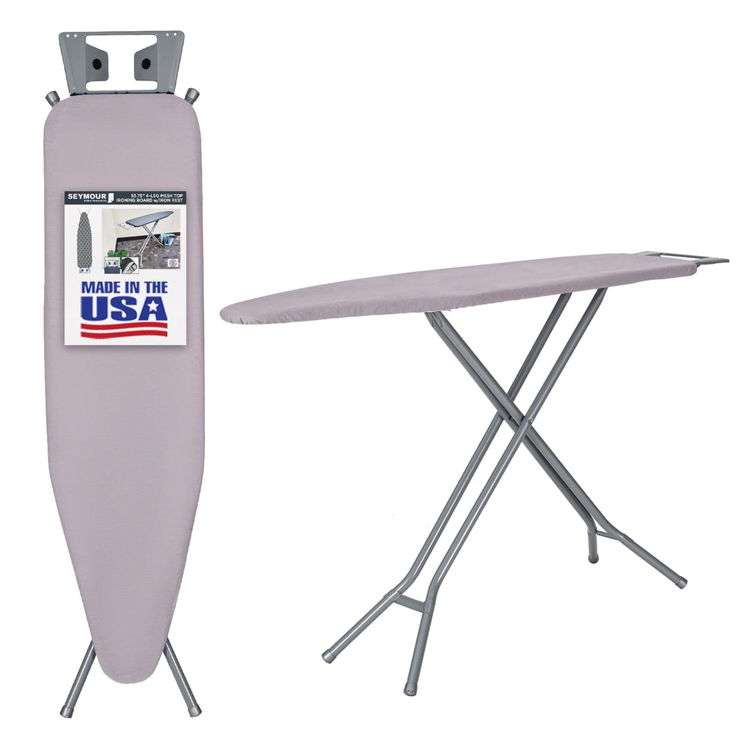 Ironing Board Full Size; Made in USA by Seymour Home Products (Light Grey). Includes Iron Rest, Cover & Pad | All-Steel Frame, 4 Heavy Duty Legs for Extra Support | Diamond Cut Mesh Top; Steam Flow Retail $39.99