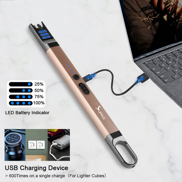 SUPRUS Candle Electric Arc Lighter Windproof Flameless USB Rechargeable Lighter with LED Light for Candle Camping BBQ Cooking (Champagne Gold) Retail $16.99