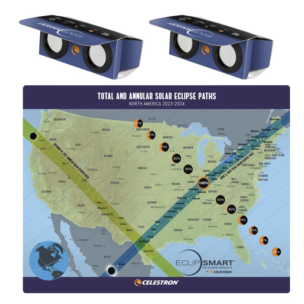 Celestron – 2-Pack EclipSmart Safe Solar Power Viewers – 2X Magnification – Meets ISO 12312-2:2015(E) Standards – Solar Safe Filter Technology – Observe Eclipses & Sunspots – Includes Eclipse Map Retail $12.95
