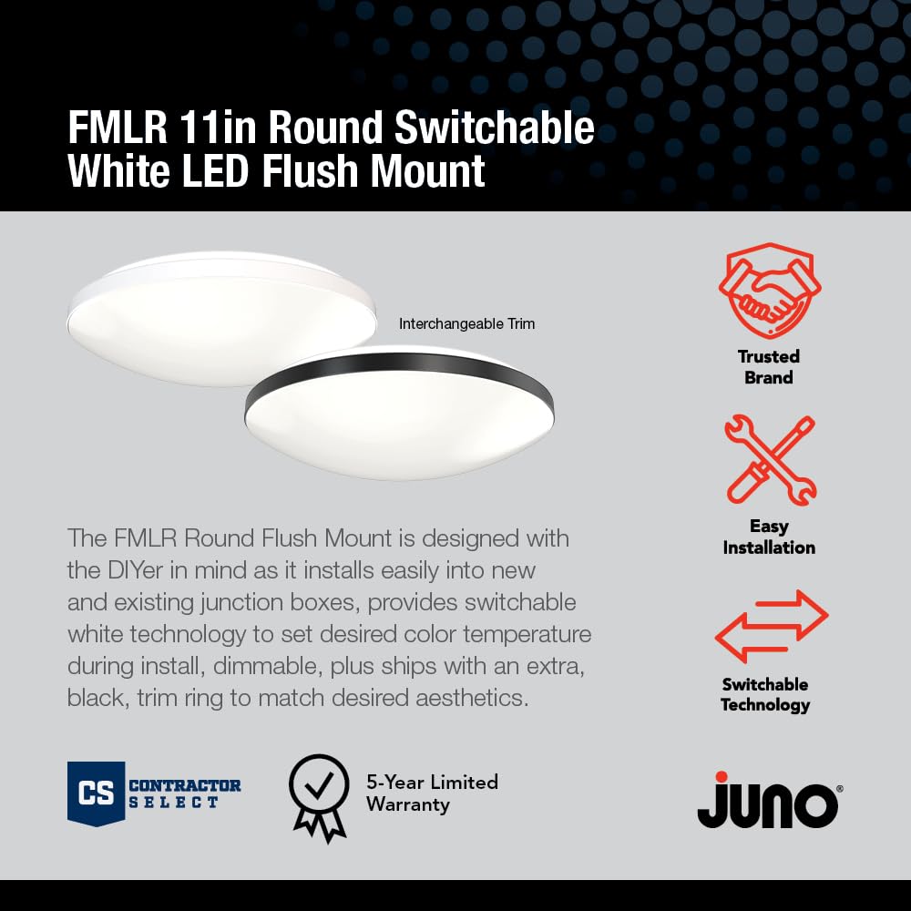 Juno 11 Inch Round LED Flush Mount Ceiling Light, Low Profile Modern Ceiling Light Fixture, Selectable 2700K/3000K/3500K/4000K/5000K Color Temperature, Dimmable, White (FMLR 11IN SWW5 90CRI WBT M4) Retail $35.99