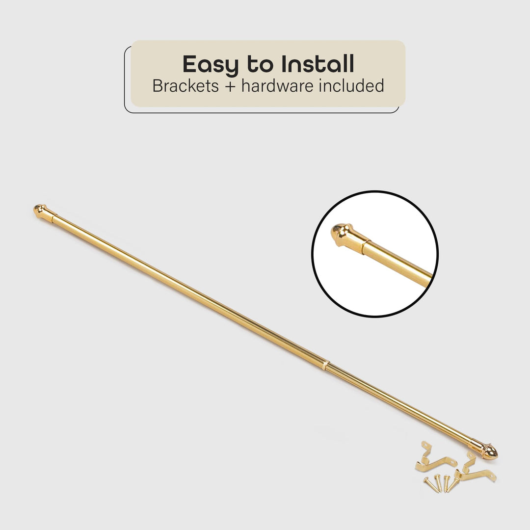 Fantasia Cafe Decorative Window Curtain Rod, 28"- 48" Adjustable Width, 5/8" Diameter, 2" Projection - Brass with Matching Finials - Easy to Install Telescoping Rod - Brackets & Hardware Included