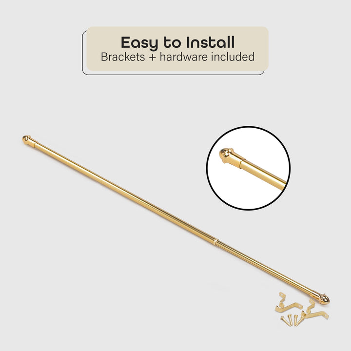 Fantasia Cafe Decorative Window Curtain Rod, 28"- 48" Adjustable Width, 5/8" Diameter, 2" Projection - Brass with Matching Finials - Easy to Install Telescoping Rod - Brackets & Hardware Included