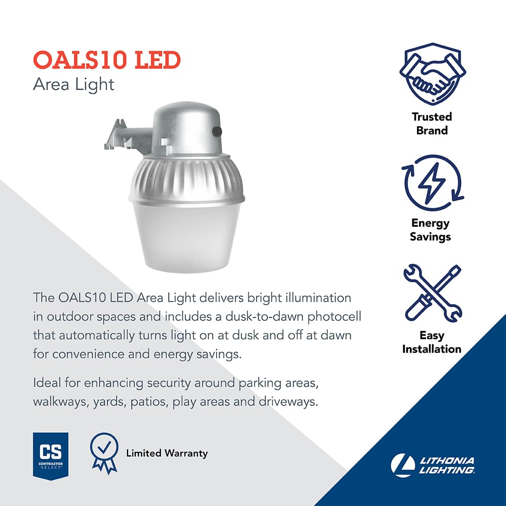 Lithonia Lighting LED Outdoor Flood Light Fixture, Exterior Dusk to Dawn Security Light with Photocell Sensor, Pole or Wall Mount, 3500 Lumens, 5000K Daylight, Gray (OALS10)